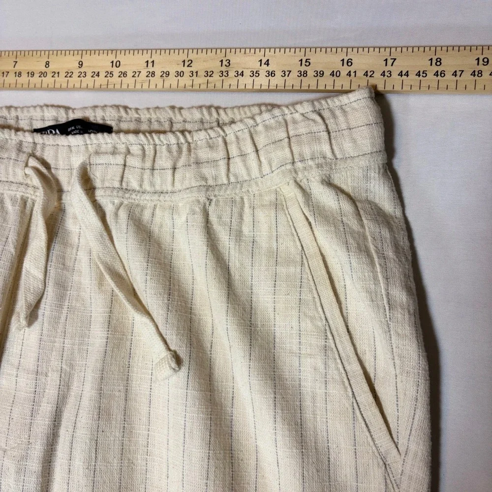 Zara Womens XL Pinstripe Drawstring Linen Blend Pants Cream Blue‎ High Rise